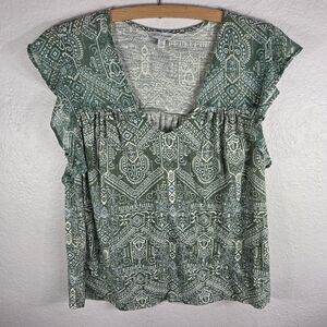Lucky Brand Green Top Blouse Size M Ruffle V-Neck Boho Sleeveless Modal Blend